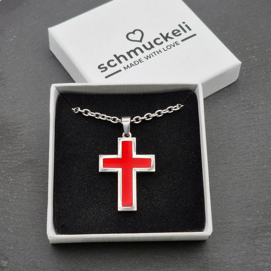 Kraftkreuz Glanzrot – Roter Kreuzanhänger aus Edelstahl & Polymer Clay - mit 45 cm langer Edelstahlkette