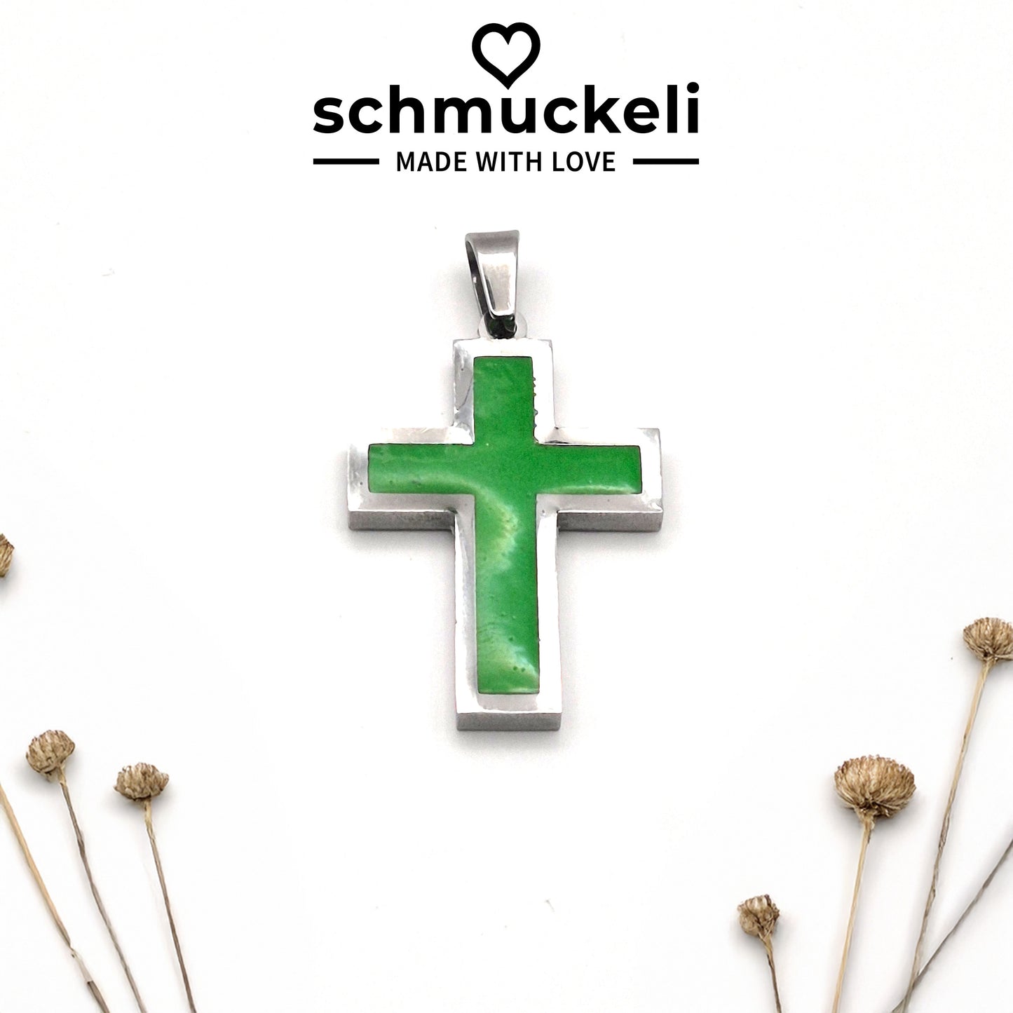 Kraftkreuz Lebensgrün – Grüner Kreuzanhänger aus Edelstahl & Polymer Clay - mit 45 cm langer Edelstahlkette