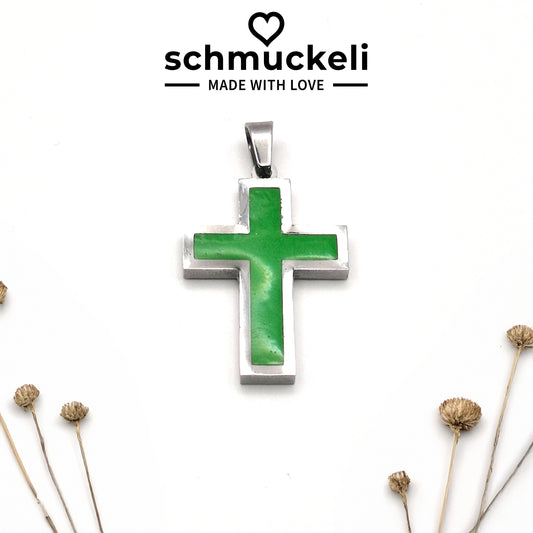 Kraftkreuz Lebensgrün – Grüner Kreuzanhänger aus Edelstahl & Polymer Clay - mit 45 cm langer Edelstahlkette