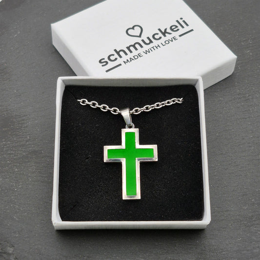 Kraftkreuz Lebensgrün – Grüner Kreuzanhänger aus Edelstahl & Polymer Clay - mit 45 cm langer Edelstahlkette