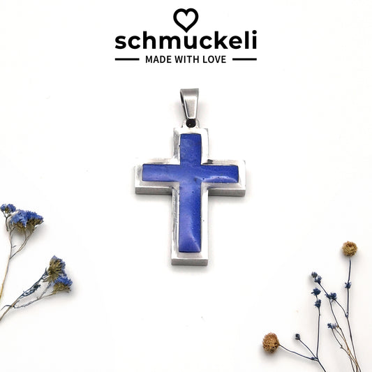 Kraftkreuz Horizont – Blauer Kreuzanhänger aus Edelstahl & Polymer Clay - mit 45 cm langer Edelstahlkette