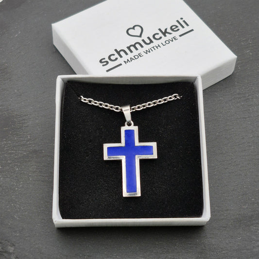 Kraftkreuz Horizont – Blauer Kreuzanhänger aus Edelstahl & Polymer Clay - mit 45 cm langer Edelstahlkette