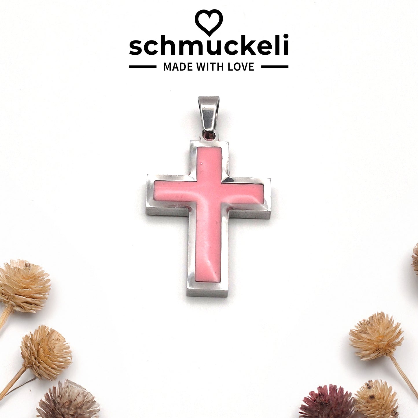 Kraftkreuz Sanftmut – Rosa Kreuzanhänger aus Edelstahl & Polymer Clay - mit 45 cm langer Edelstahlkette