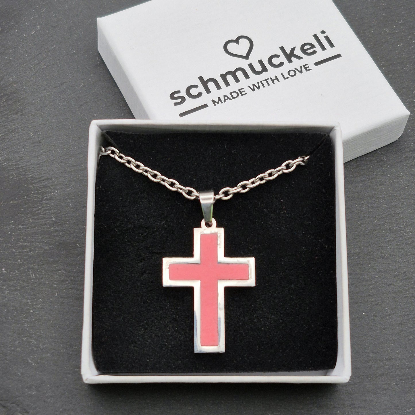 Kraftkreuz Sanftmut – Rosa Kreuzanhänger aus Edelstahl & Polymer Clay - mit 45 cm langer Edelstahlkette