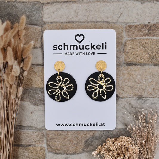 Nachtblume - schwarze runde Ohrringe aus Polymer Ton mit Blumenanhänger