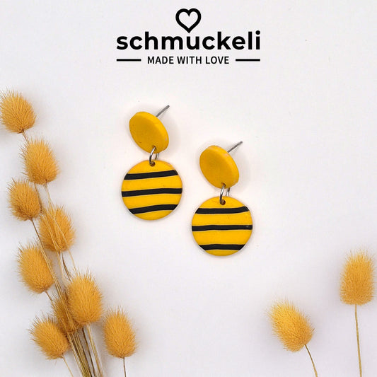 Bienenstreif - zweiteilige gelbe Ohrringe aus Polymer Ton mit schwarzen Streifen