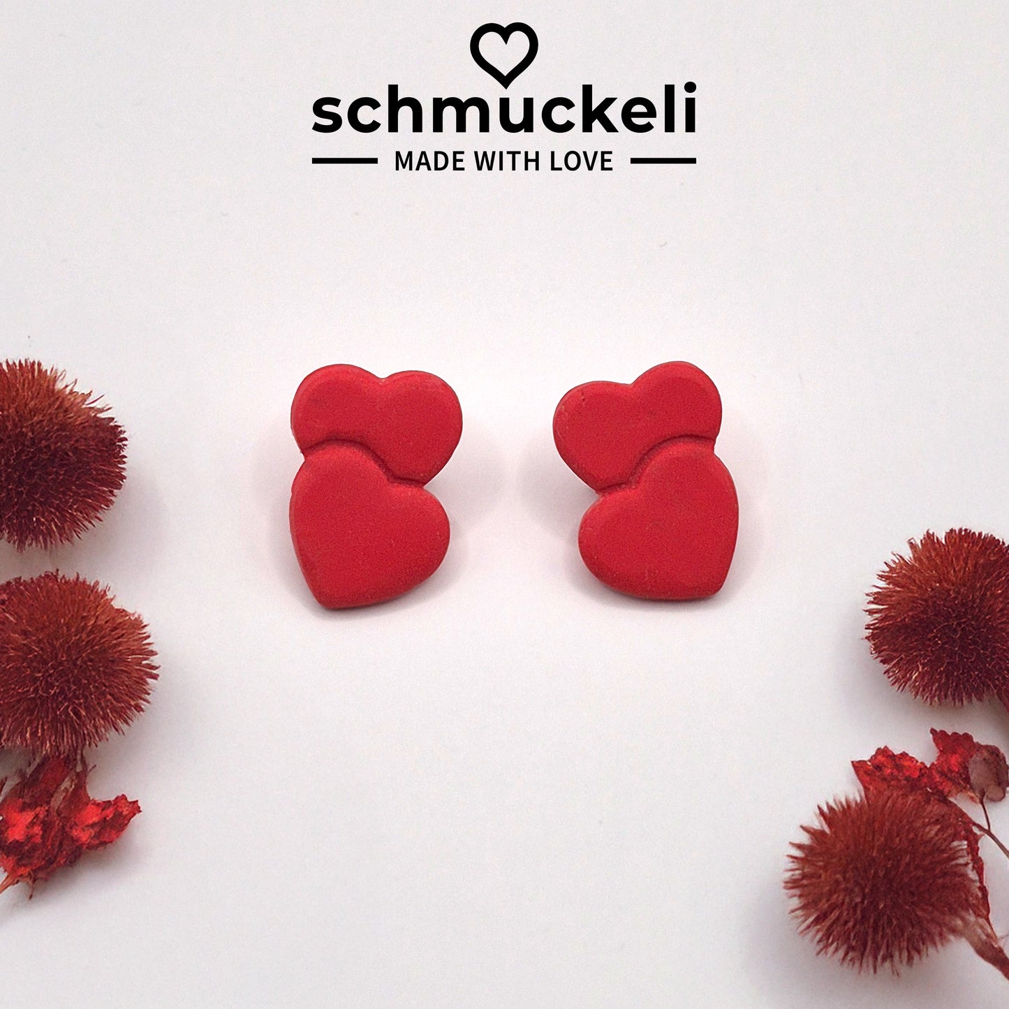 Herzduett - Rote Ohrringe aus Polymer Ton in Doppelherzform
