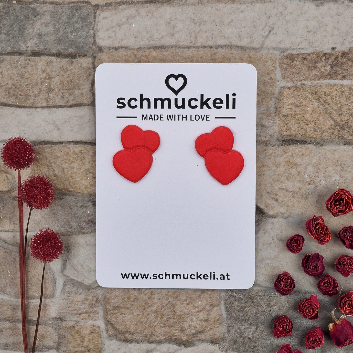 Herzduett - Rote Ohrringe aus Polymer Ton in Doppelherzform