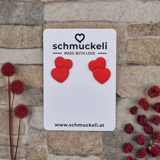 Herzduett - Rote Ohrringe aus Polymer Ton in Doppelherzform